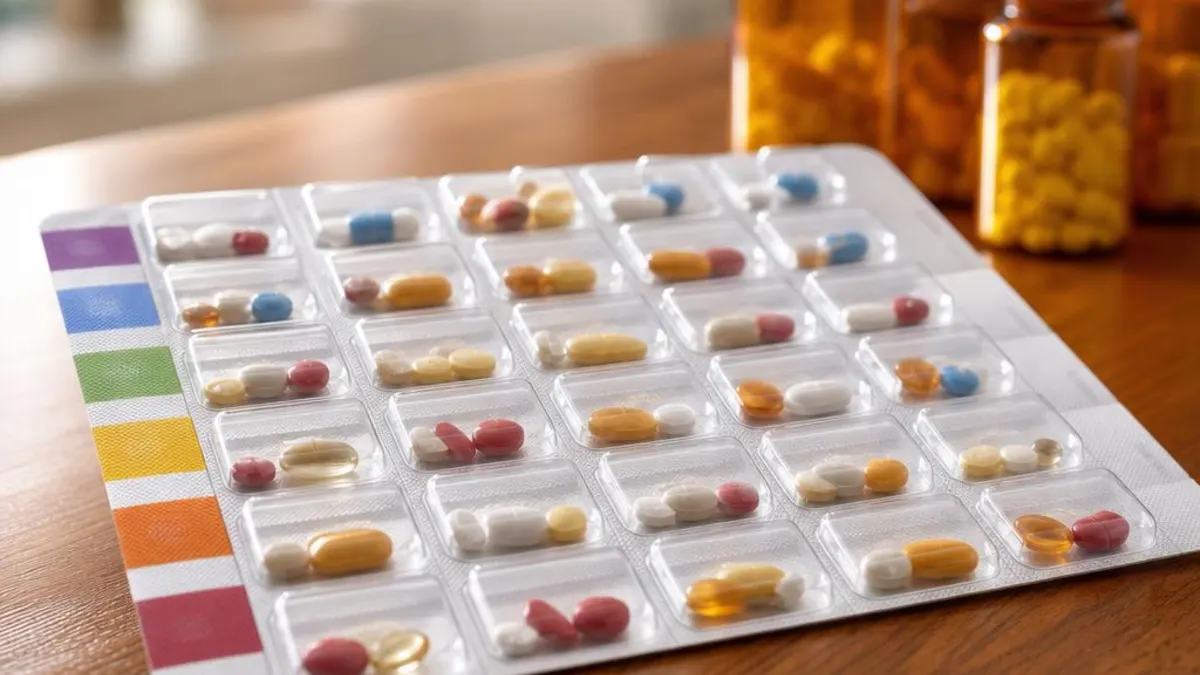 Multi-dose compliance blister pack with doses organized in a weekly grid on the pharmacy counter