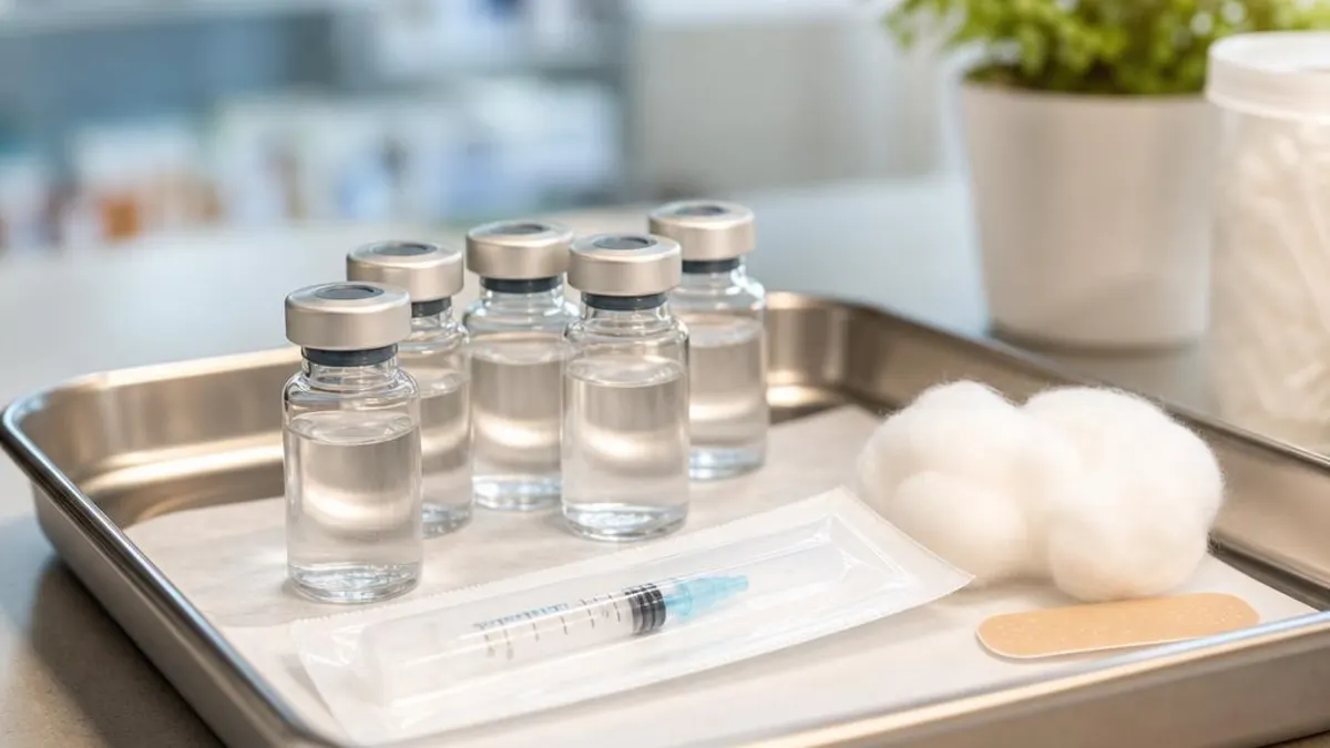 Medical tray with sealed vaccine vials, a packaged syringe, cotton balls, and a bandage